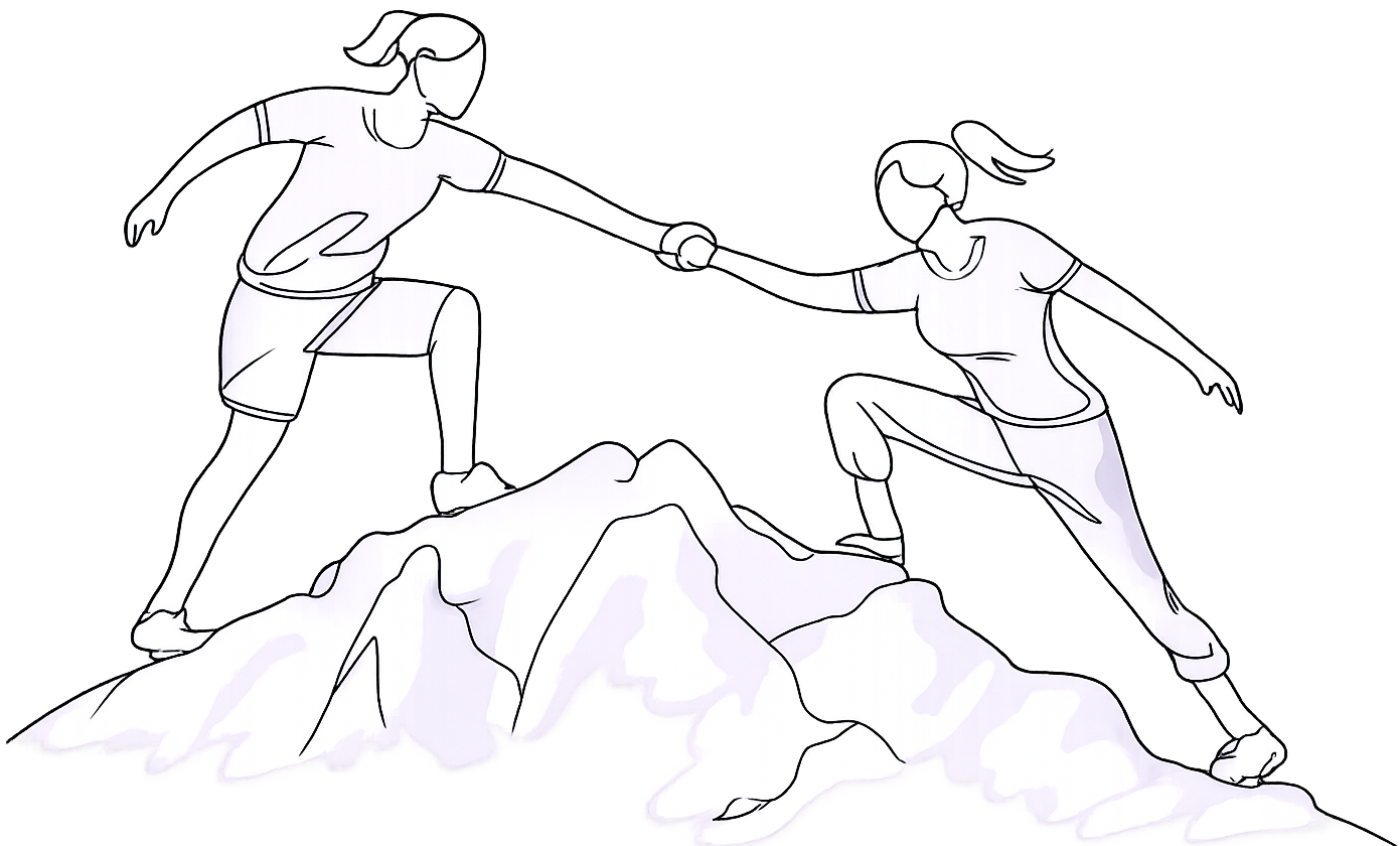 Two people reaching toward each other to climb, showing how we partner with clients